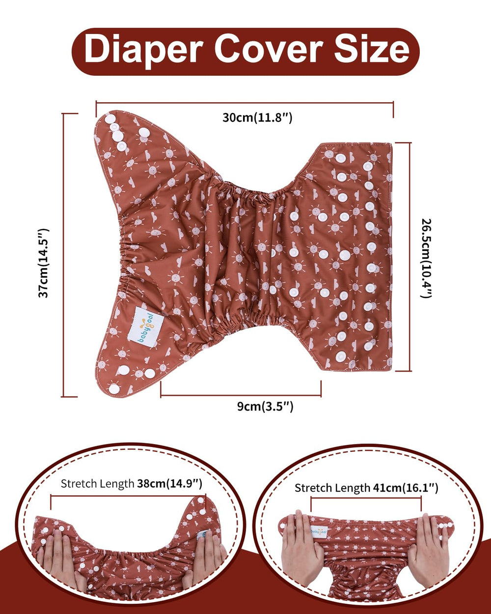 Babygoal cloth diaper covers adjustable snaps close-up shows easy size changes for 7-33 pounds.