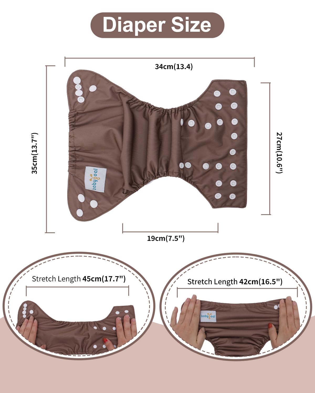 babygoal diaper snap closures detail highlights adjustable sizing for 5-12 lb newborns.
