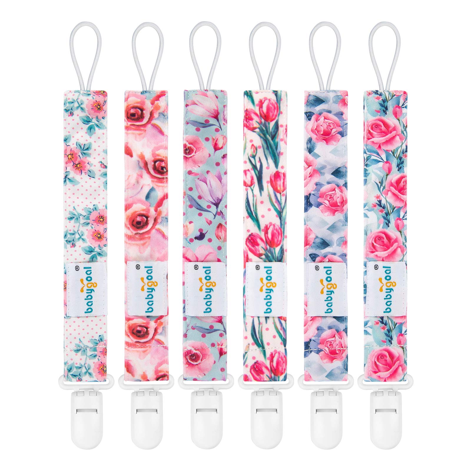 babygoal floral pacifier clip with flowers for secure attachment and gentle fabric.