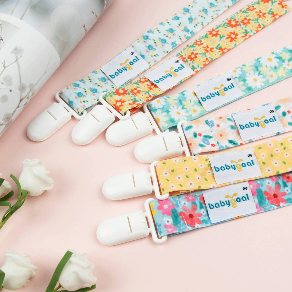 Babygoal floral pacifier clip keeps binkies within reach during travel