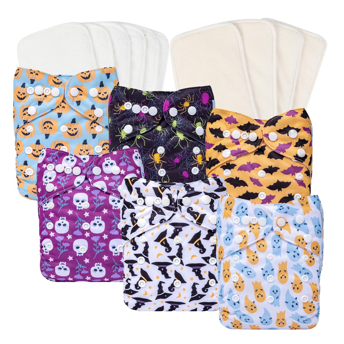 Babygoal Halloween cloth diaper 6-pack with adjustable fit for growing babies.