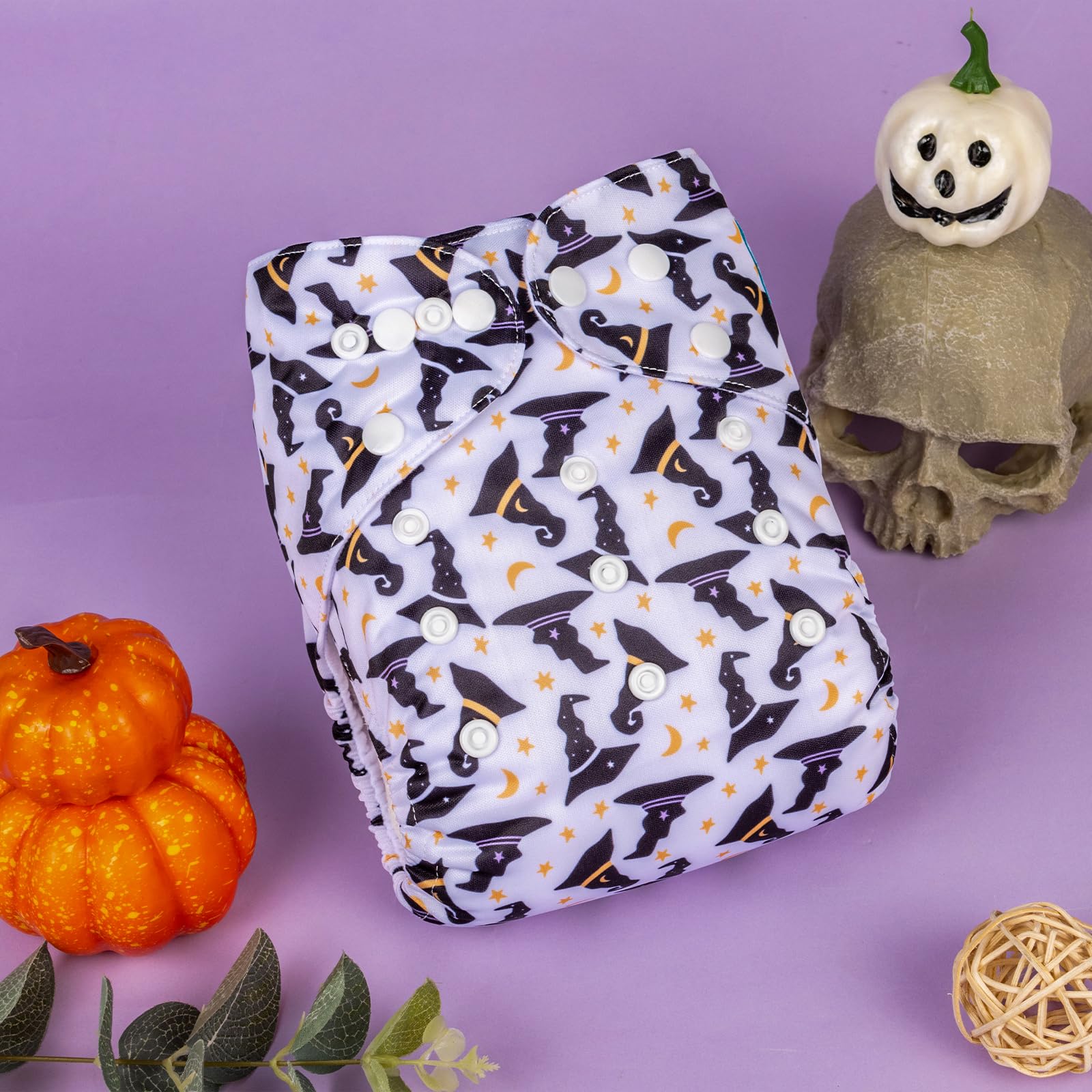 babygoal Halloween diaper in-use with baby demonstrates reusable, economical solution