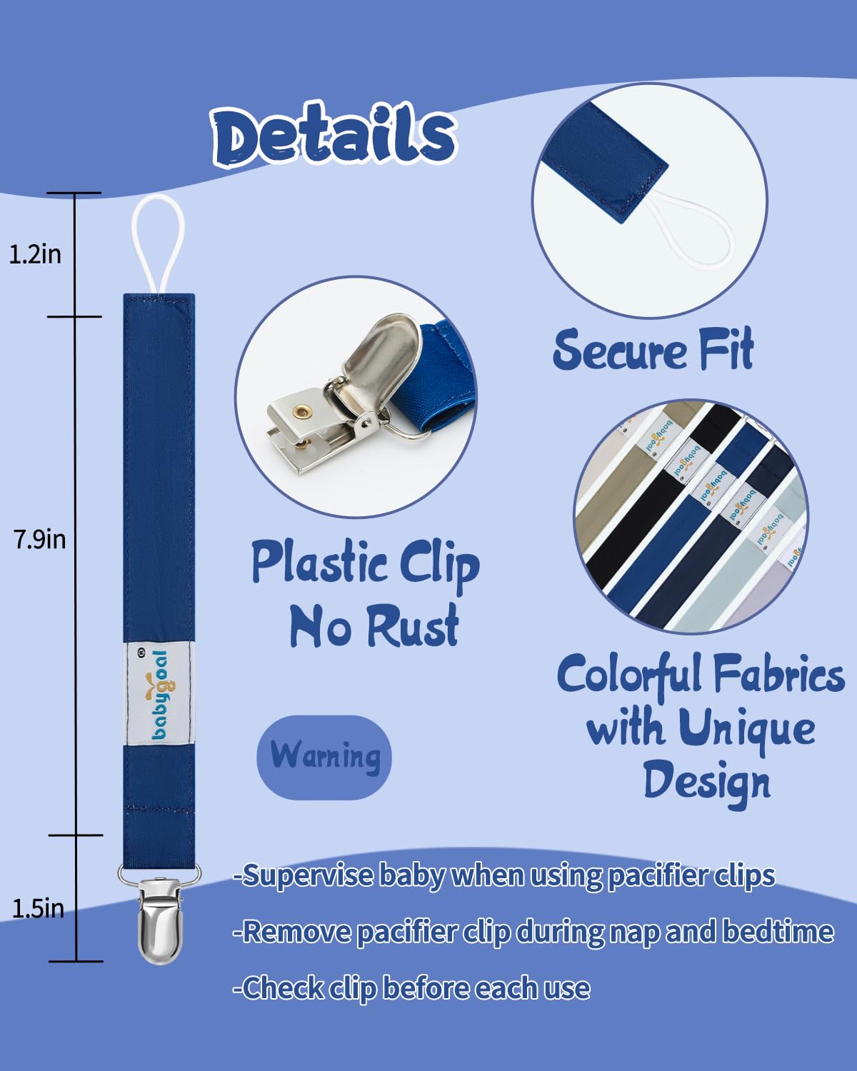Babygoal pacifier clips in assorted colors match outfits and styles for boys and girls.
