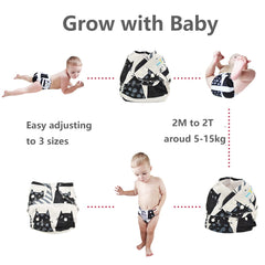 Adjustable snaps demonstrate one-size fit from 7 to 33 pounds for growing babies.