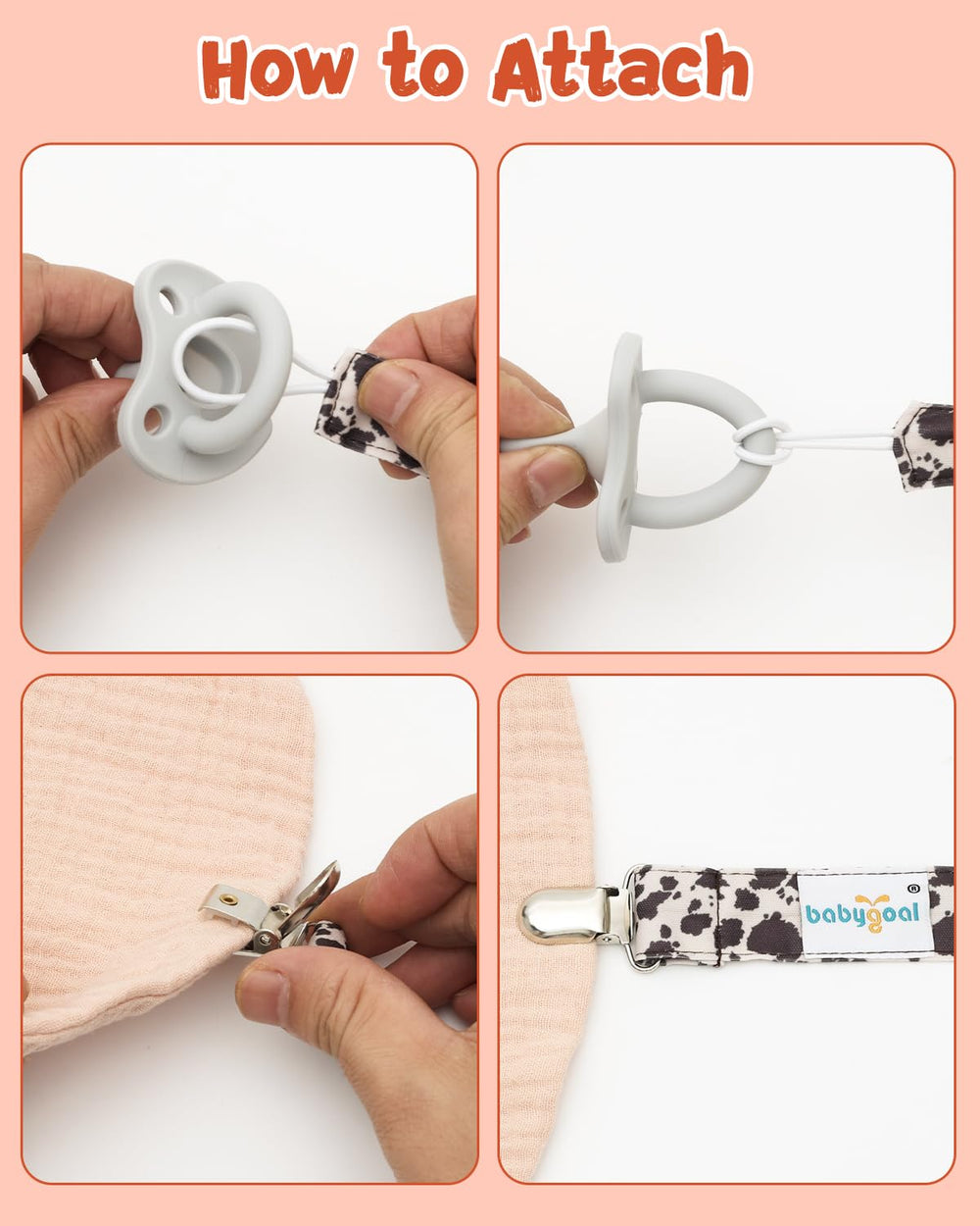 Babygoal pacifier clip features an elastic loop for fabric attachment