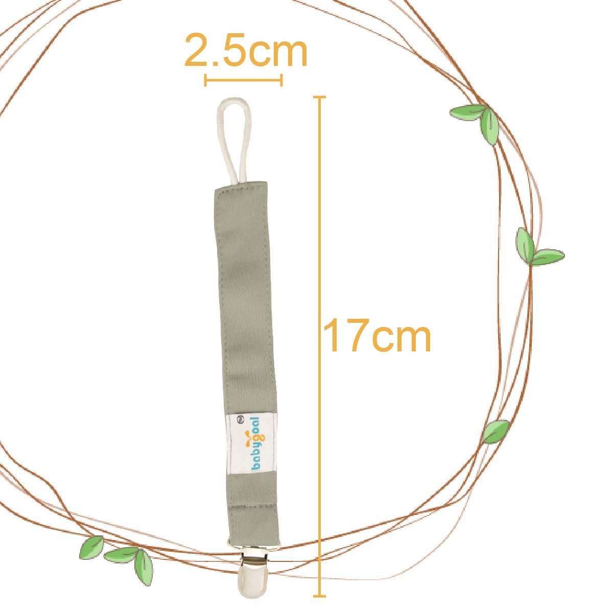 Babygoal pacifier clip metal-teeth closeup shows secure hold on fabrics.