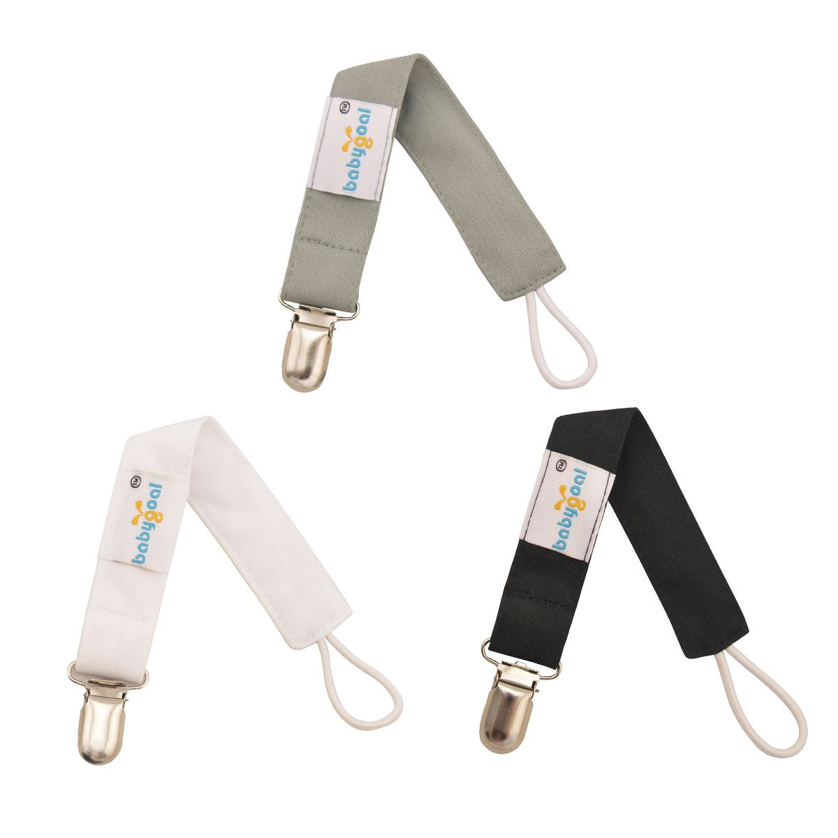 Babygoal pacifier clip white design closeup shows secure grip and soft fabric.