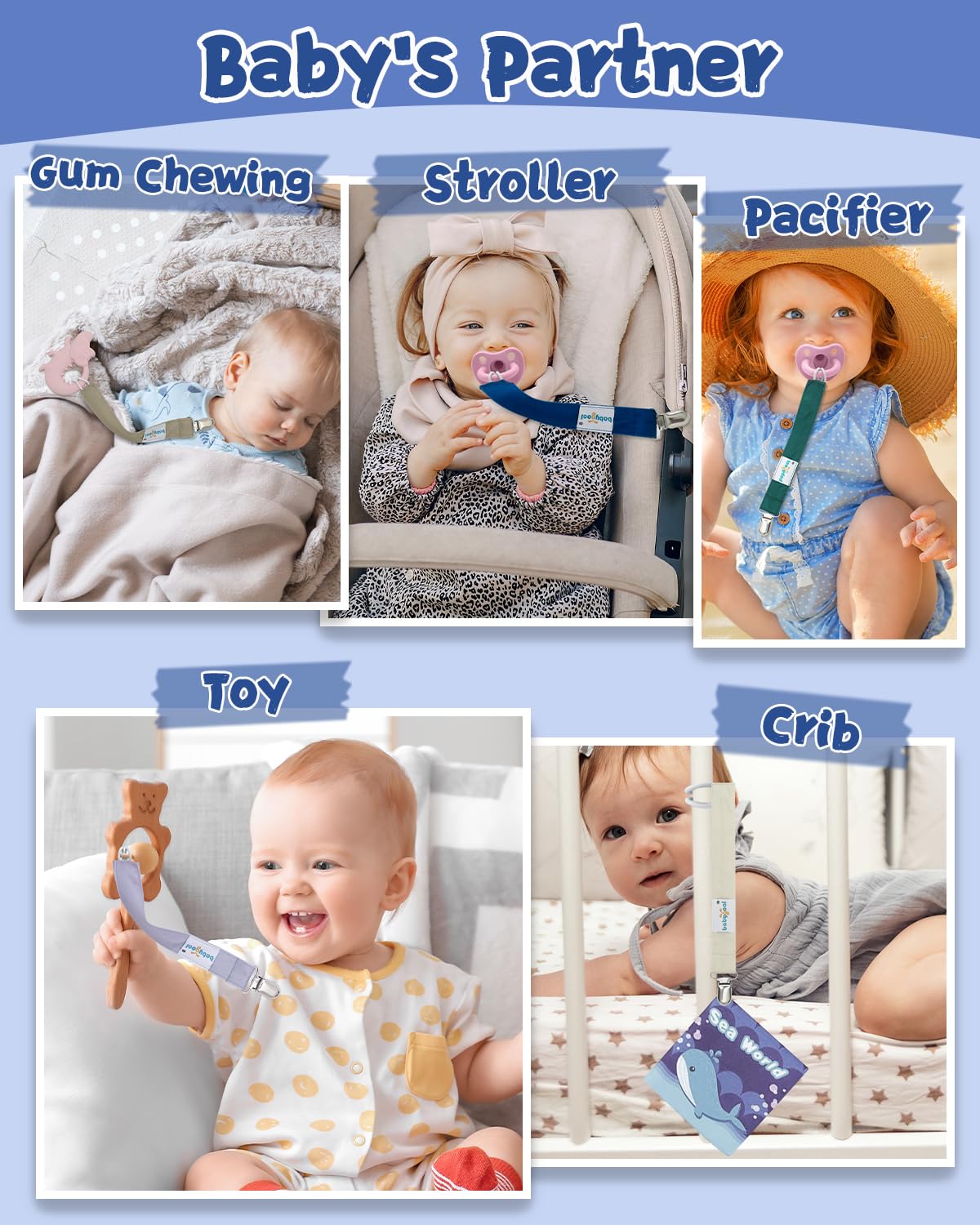 Babygoal pacifier clips attached to clothes provide secure hold without fabric damage.