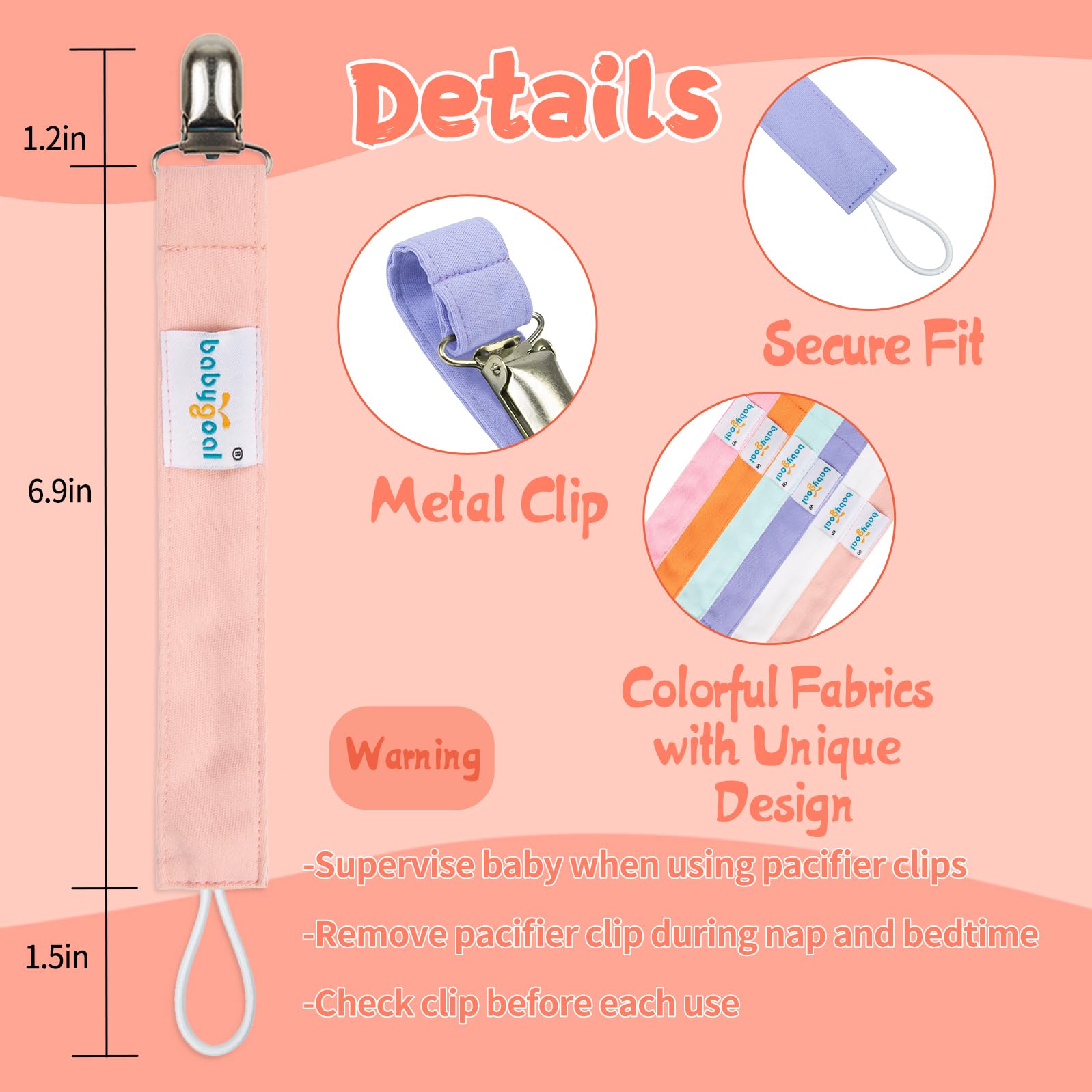 babygoal soft fabric texture pacifier clip highlights gentle, washable material ideal for everyday use