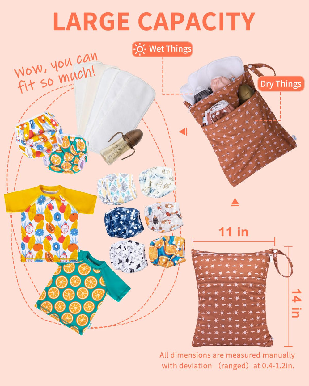 Babygoal wet bag 11.8x14 size fits diapers and clothes on the go.