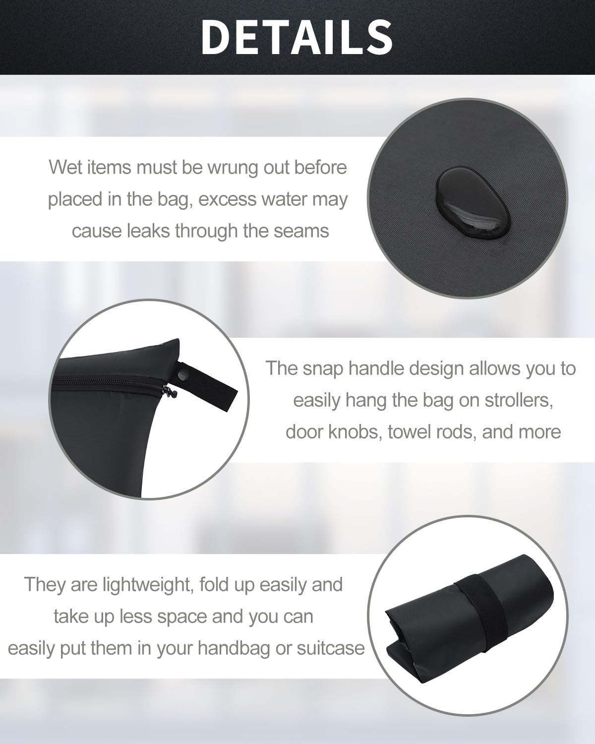 babygoal wet bags snap handle hanging on stroller for easy access.