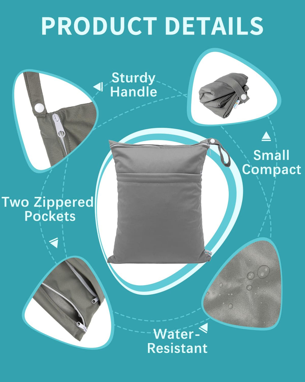 Babygoal wet dry bag two pockets closeup highlights clean and dirty separation.