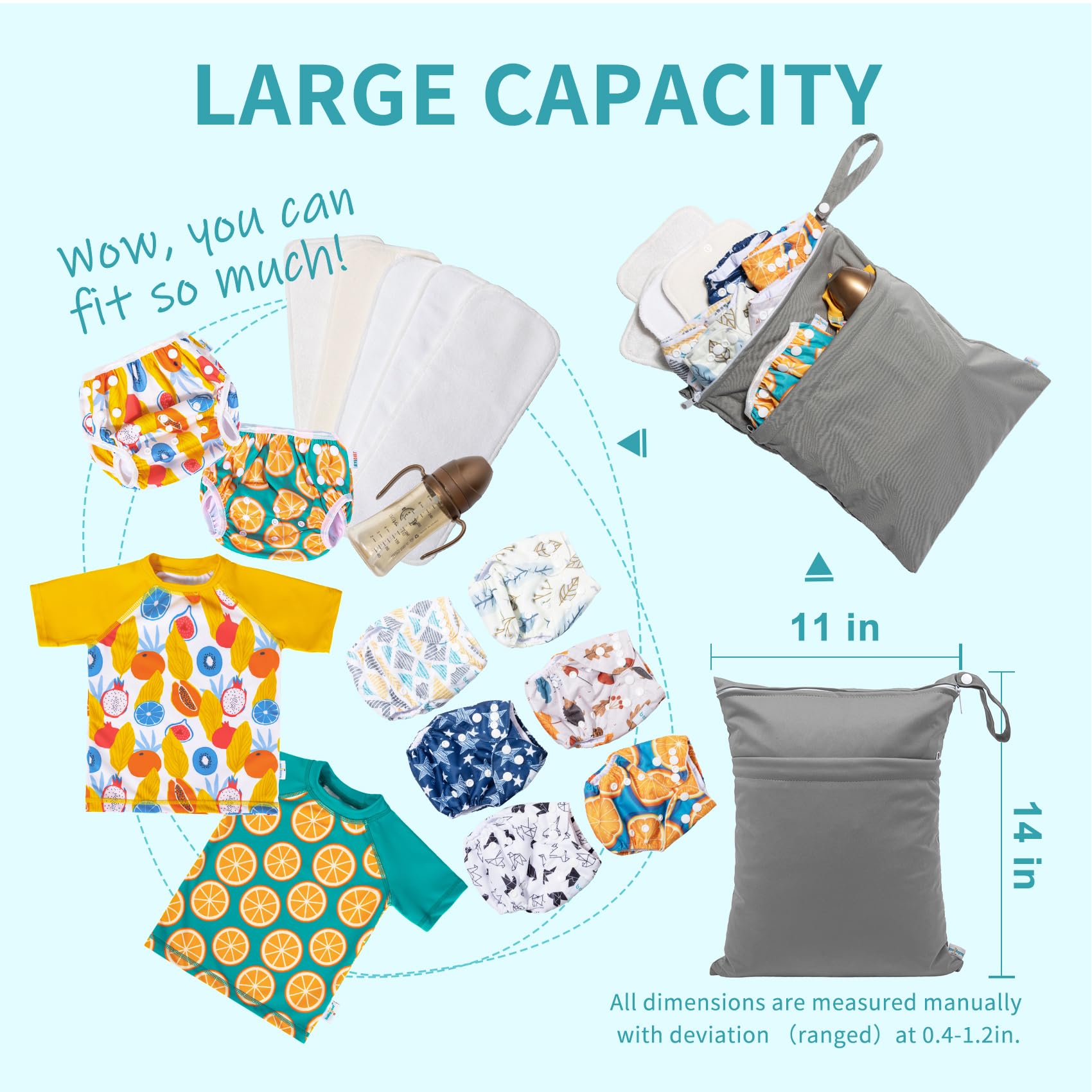 Babygoal wet bag hanging on stroller using snap handle.