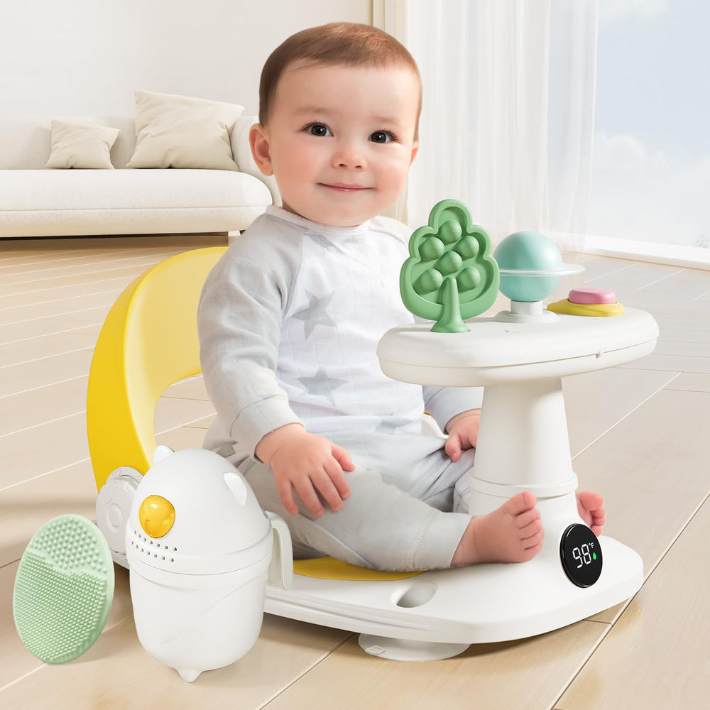 Babygreat bath seat yellow chair clean after splashes and rinses for easy maintenance.