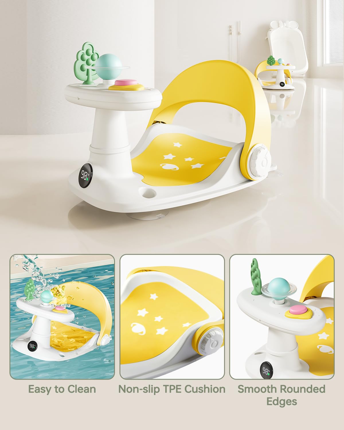 Babygreat bath seat rotating ball and silicone tree engage baby during bath.