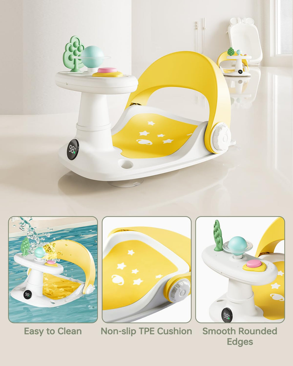 Babygreat bath seat rotating ball and silicone tree engage baby during bath.