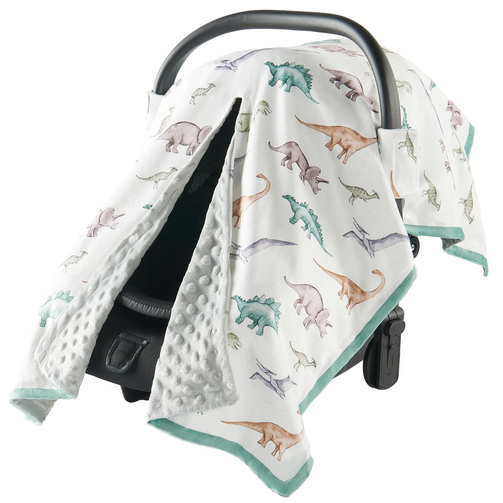 Babygreat car seat cover with dinosaur pattern offers cozy wind protection for winter outings.