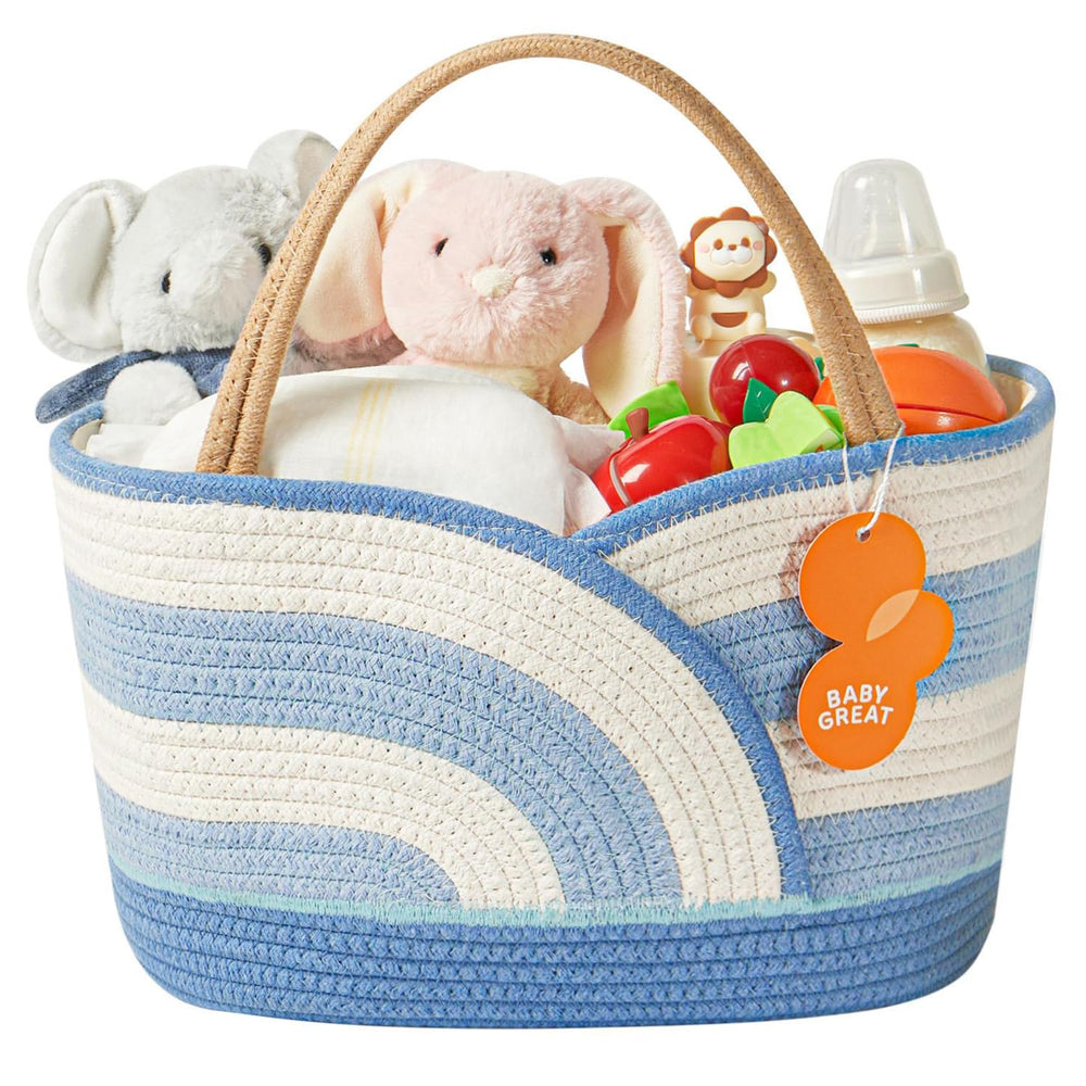 Babygreat diaper caddy blue-white side view for bedside organization