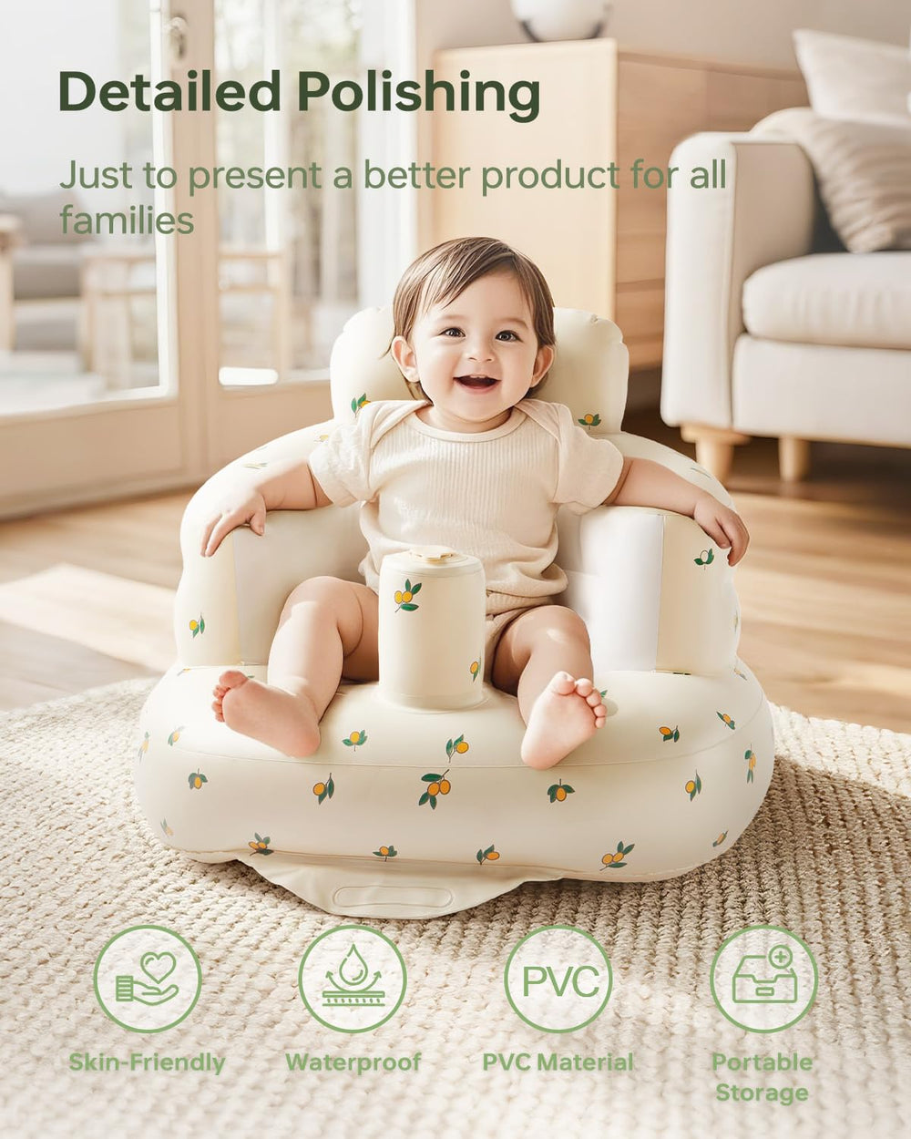 Babygreat inflatable baby seat folds compactly for travel and storage.