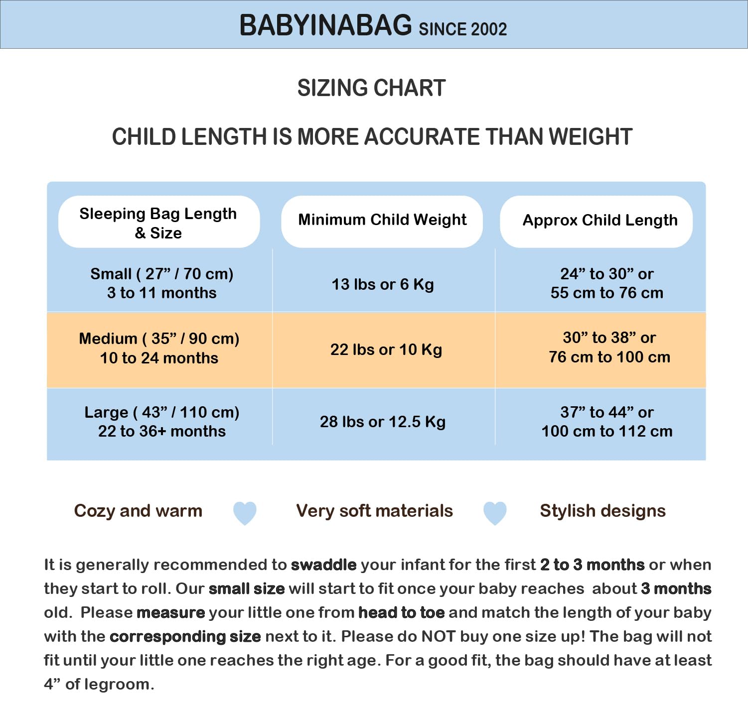Baby in a Bag size chart view helps pick the right winter-friendly fit.