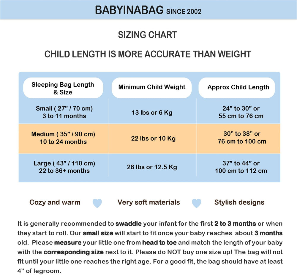 Baby in a Bag size chart view helps pick the right winter-friendly fit.