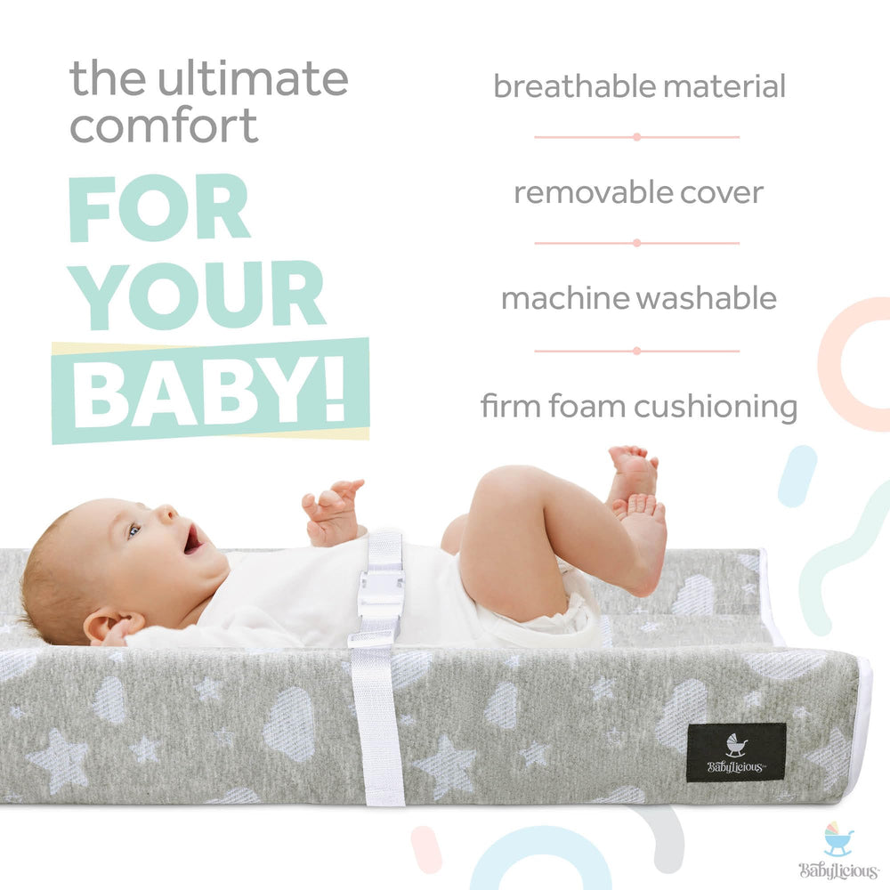 Babylicious changing pad contoured design supports baby's body during diaper changes.