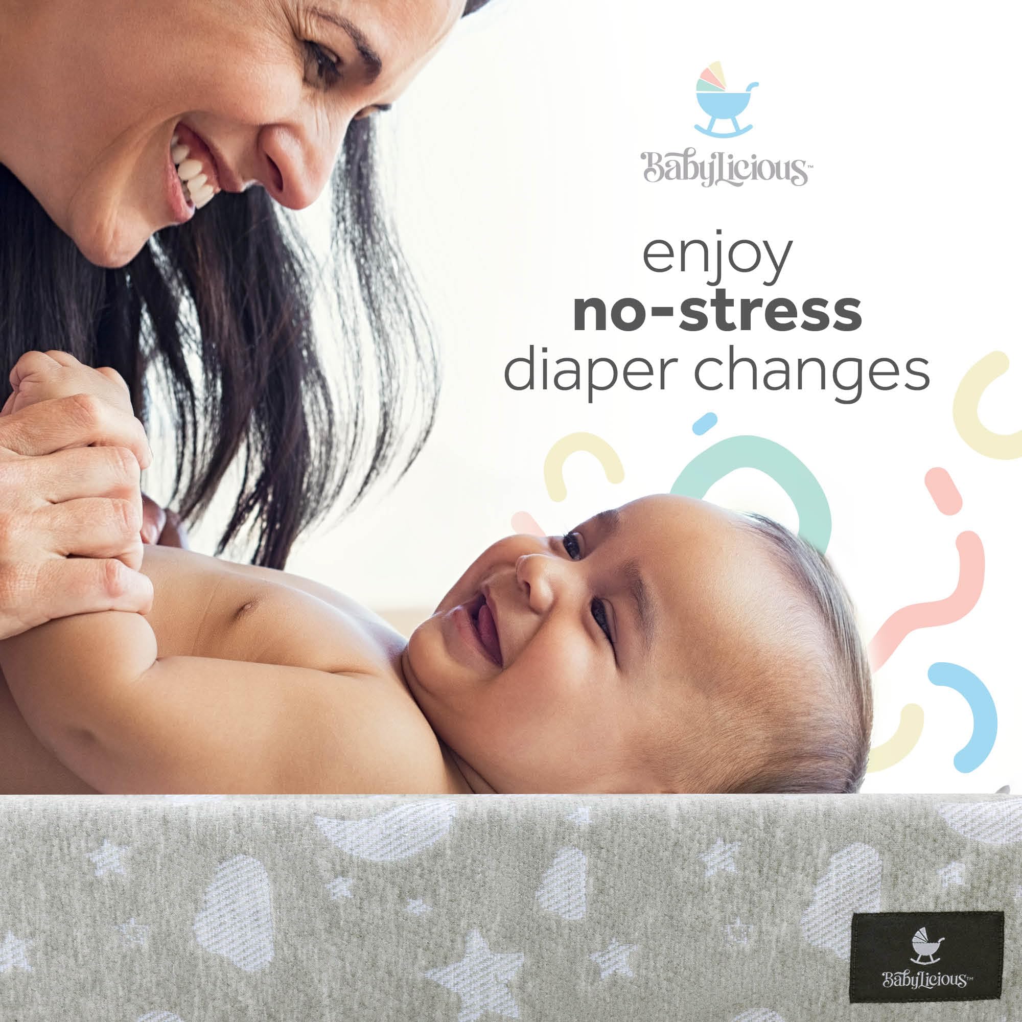 Babylicious changing pad non-slip base reduces shifting on slick tabletops.
