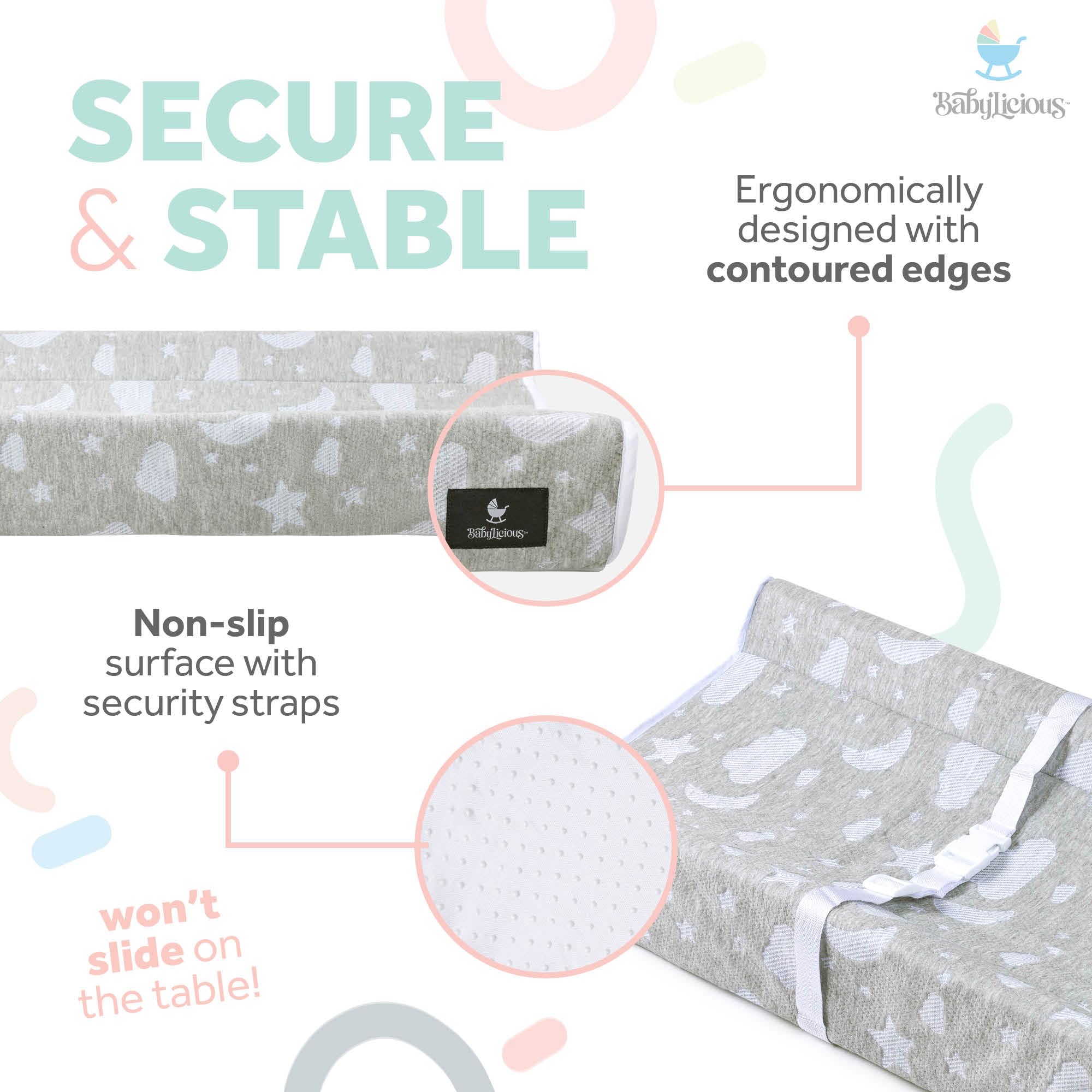 Babylicious changing pad security straps provide stable positioning during diapering.