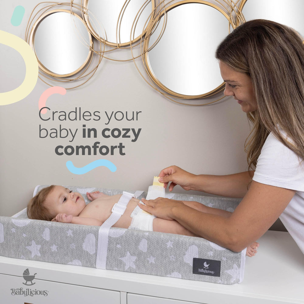Babylicious changing pad waterproof cover demonstrates easy-to-clean protection.
