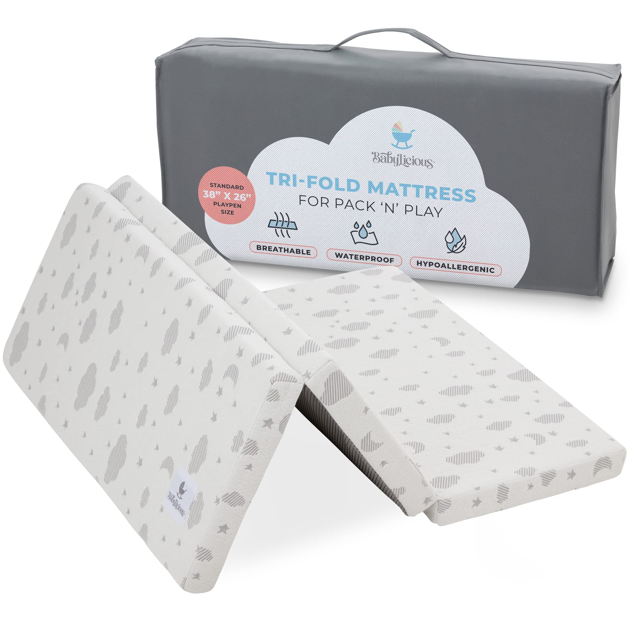 Babylicious pack-and-play topper folded with carry bag for easy travel and packing.