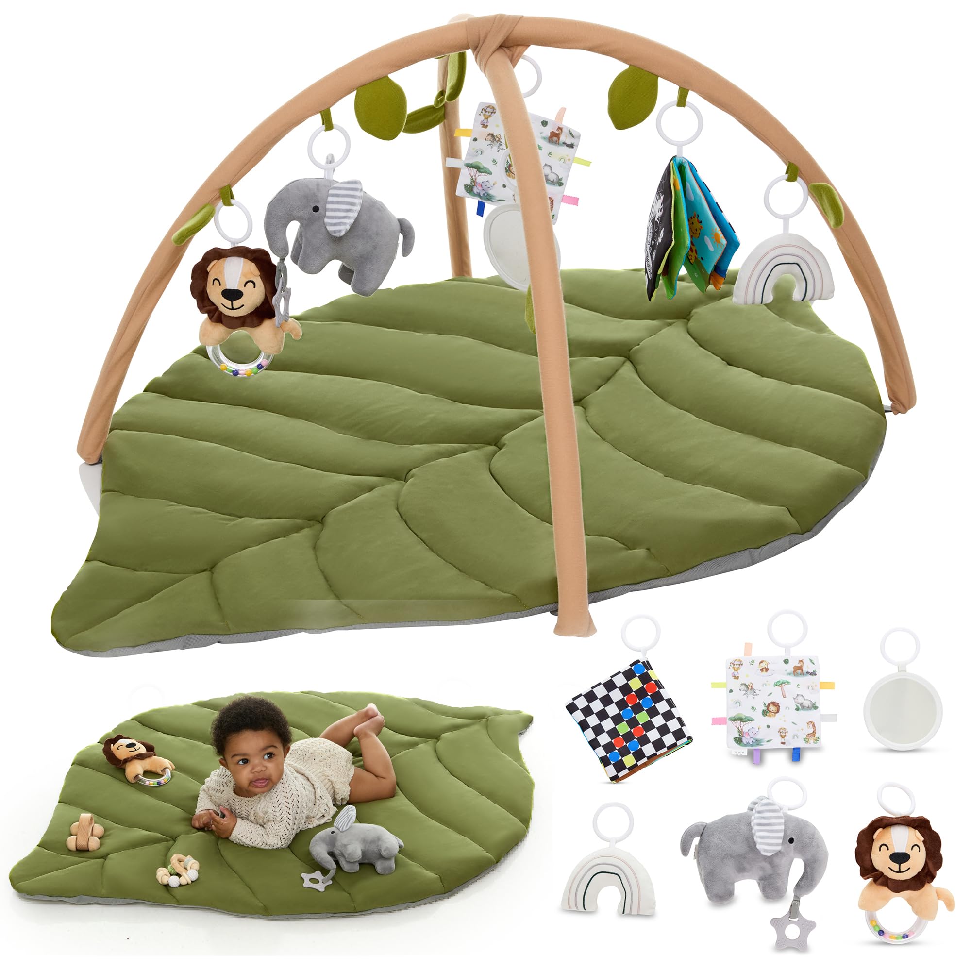 Babylicious leaf-design play mat with six detachable toys for sensory play