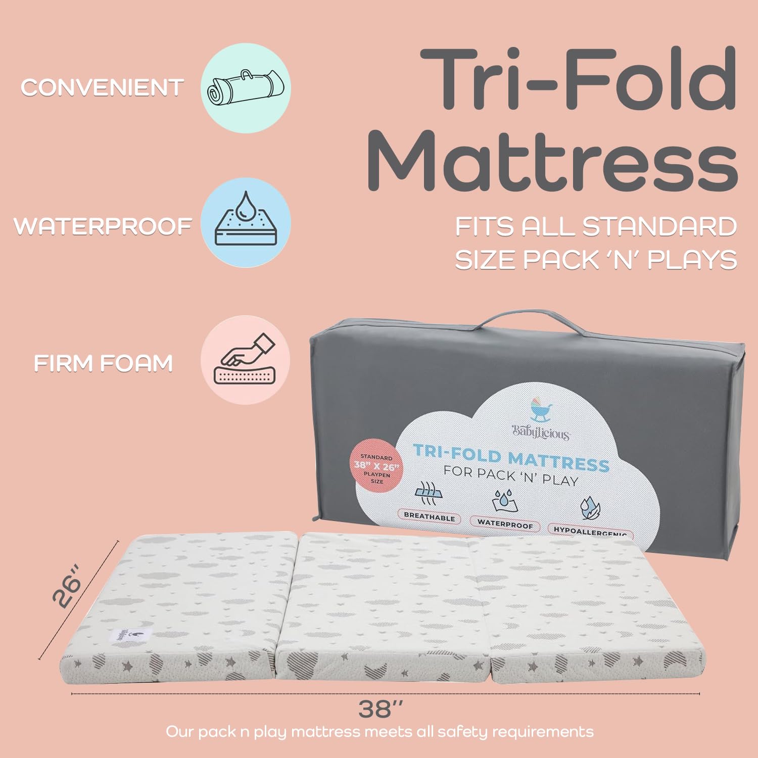 Babylicious pack-and-play topper open in tri-fold layout for quick setup on the go.