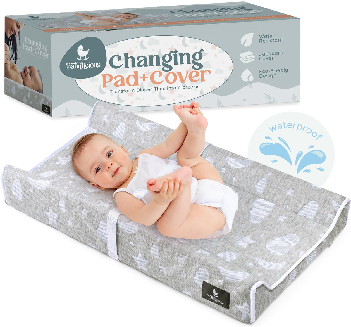 Babylicious waterproof changing pad front view for quick, comfortable diaper changes.