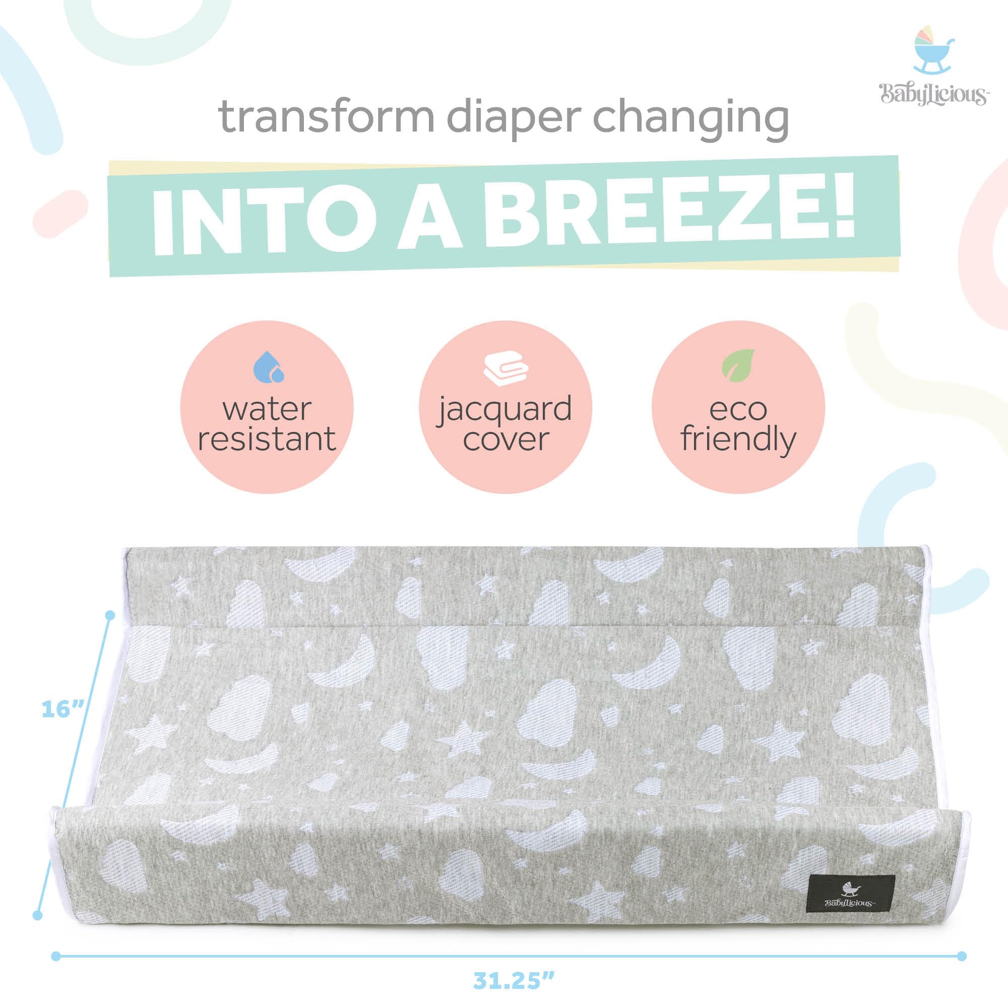 Babylicious waterproof changing pad side view highlights secure straps for table safety.