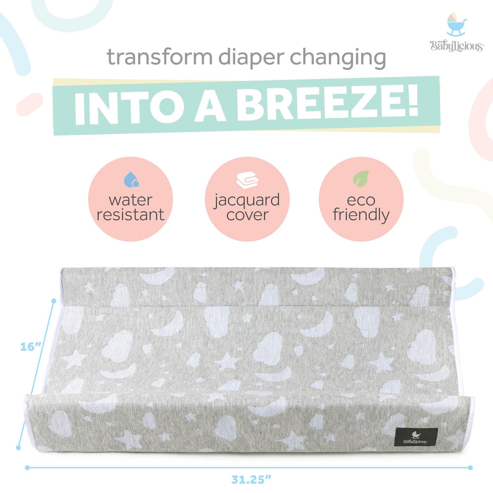 Babylicious waterproof changing pad side view highlights secure straps for table safety.