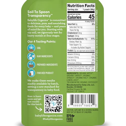 Babylife Organics Stage 2 pouch closeup shows apple, carrot, spinach, kale for baby nourishment