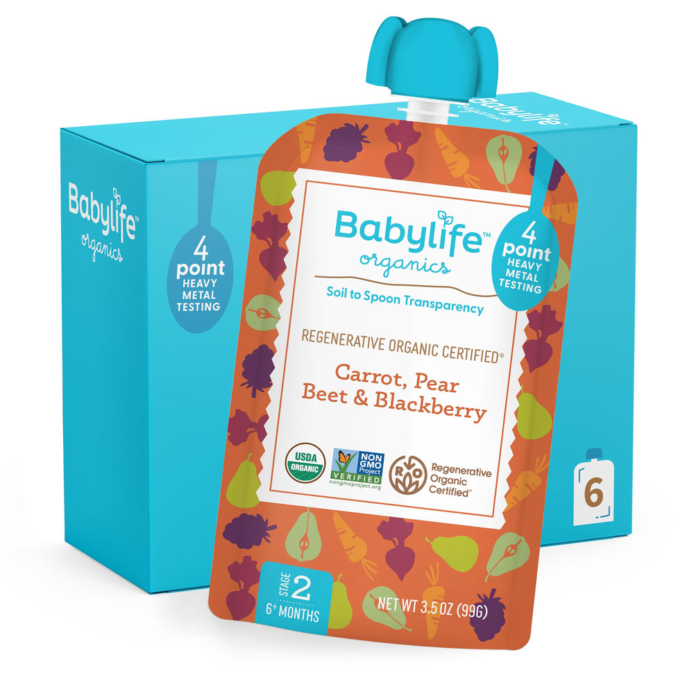 Babylife Organics Stage 2 pouch front featuring carrot-pear-beet-blackberry puree for on-the-go feeding.