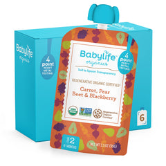Babylife Organics Stage 2 pouch front featuring carrot-pear-beet-blackberry puree for on-the-go feeding.