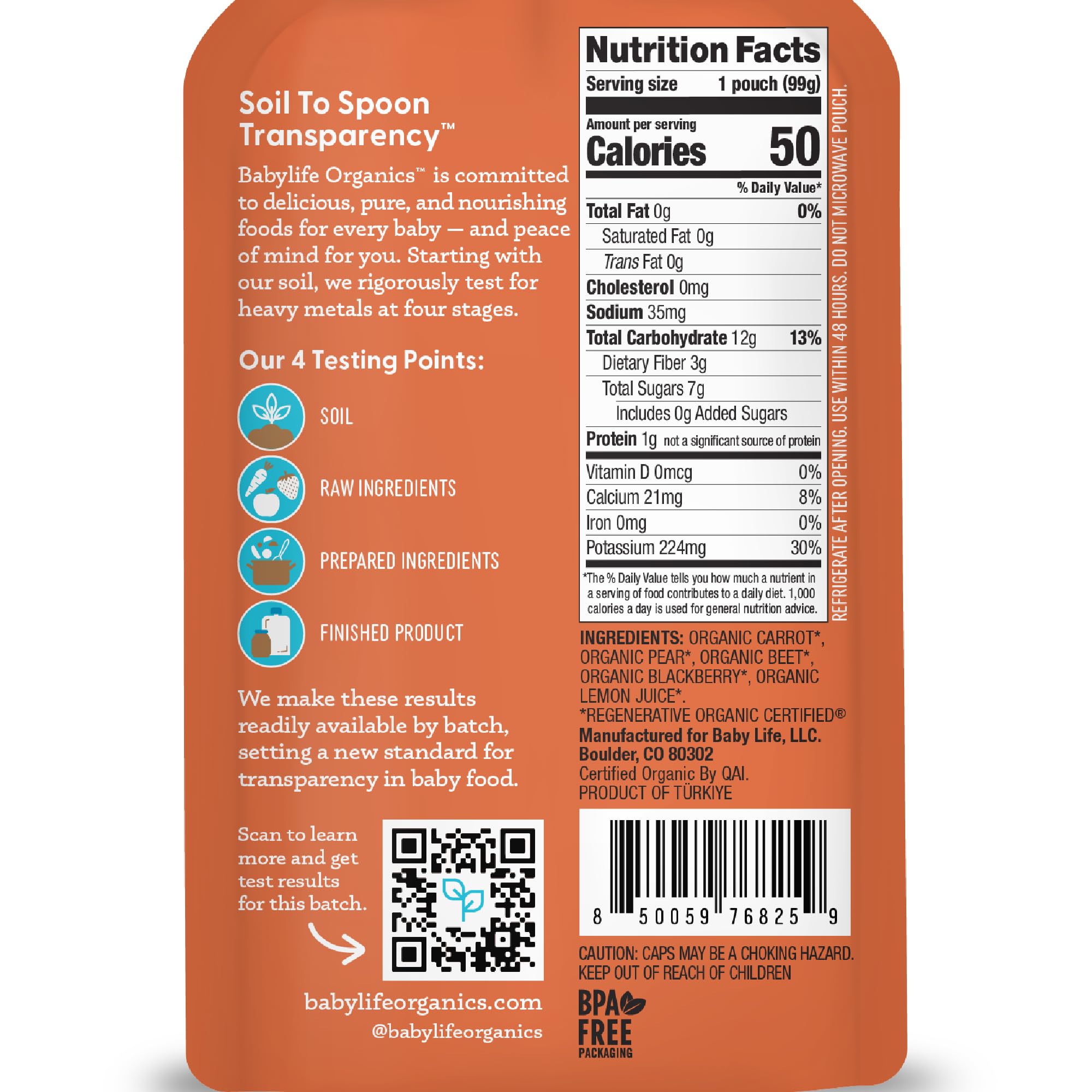 Babylife Organics Stage 2 pouch side showing organic, non-GMO nutrition information.