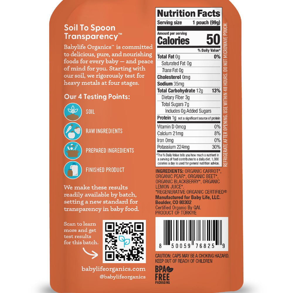 Babylife Organics Stage 2 pouch side showing organic, non-GMO nutrition information.