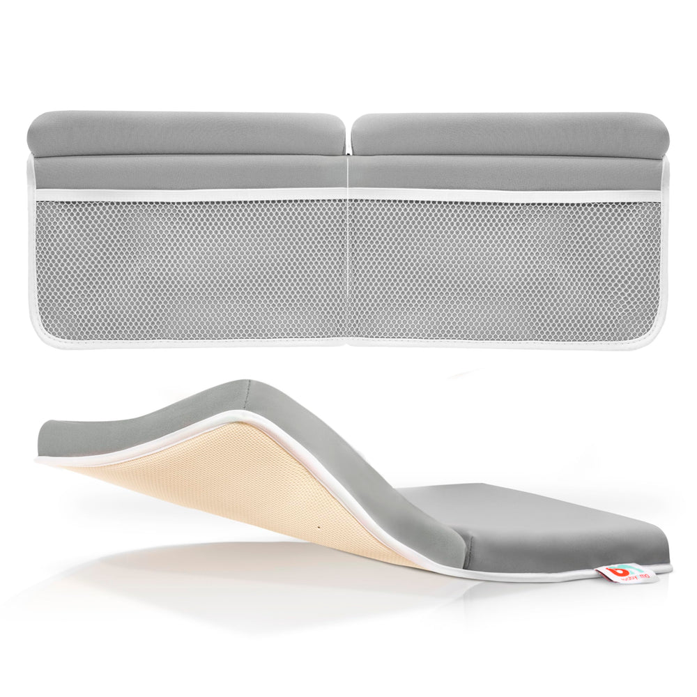 Babynma bath kneeler and elbow pad set in use with organized bath essentials.