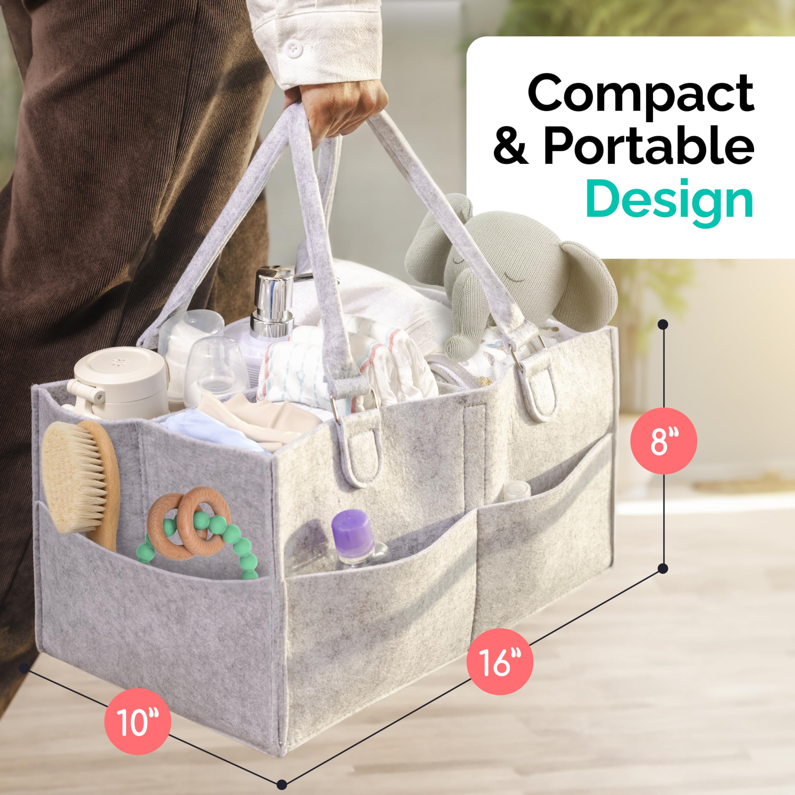 Babynma felt diaper caddy in nursery setup suggests steady organization during daily routines