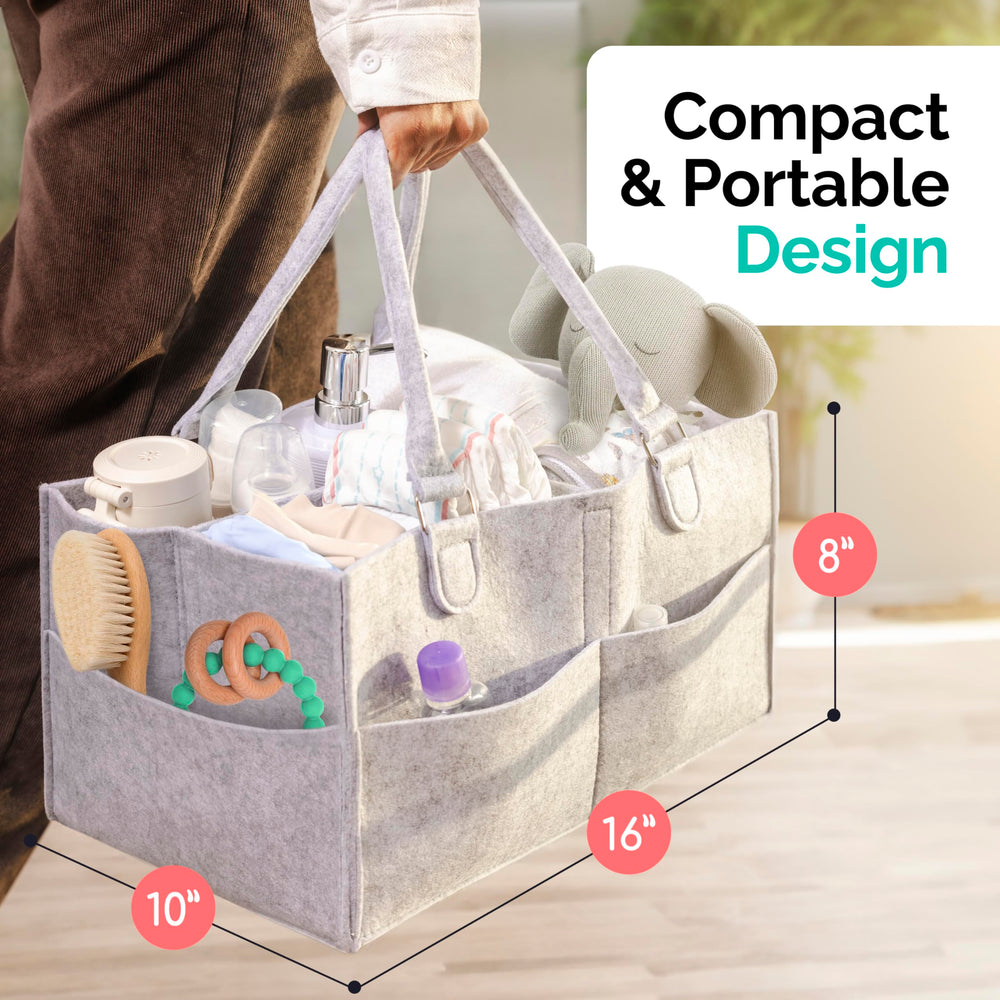 Babynma felt diaper caddy in nursery setup suggests steady organization during daily routines