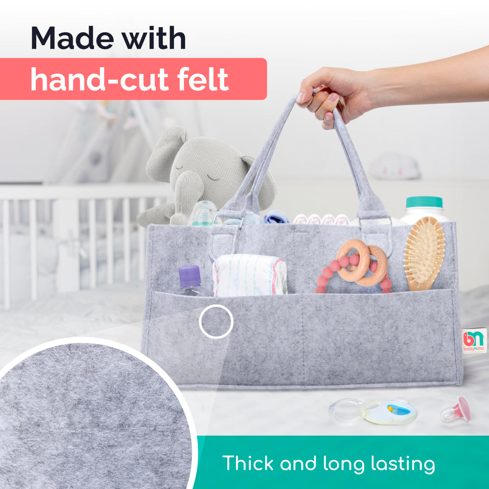 Babynma felt diaper caddy metal rings highlight flat handles that stay out of the way