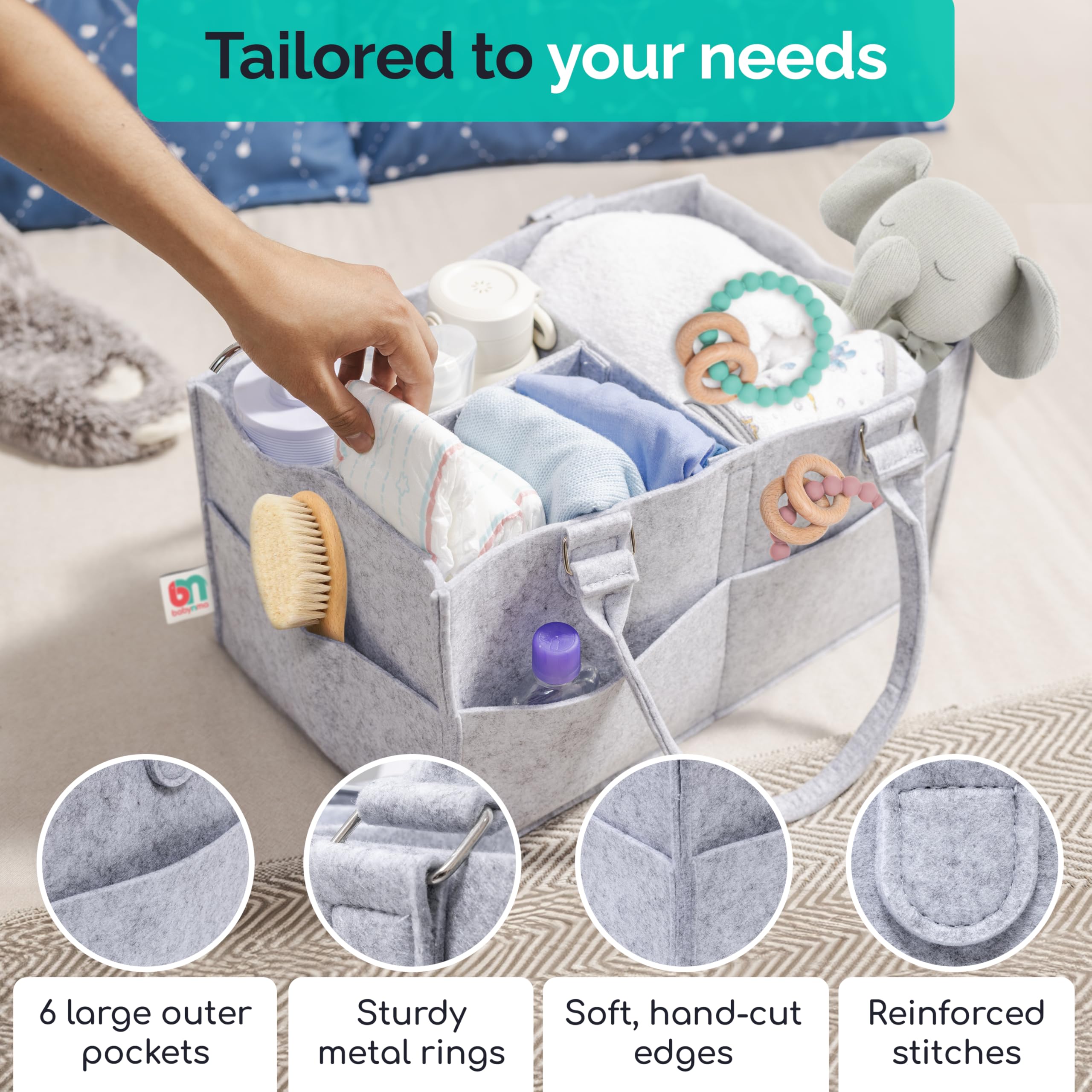 Babynma felt diaper caddy top view highlights organized compartments for diaper changes