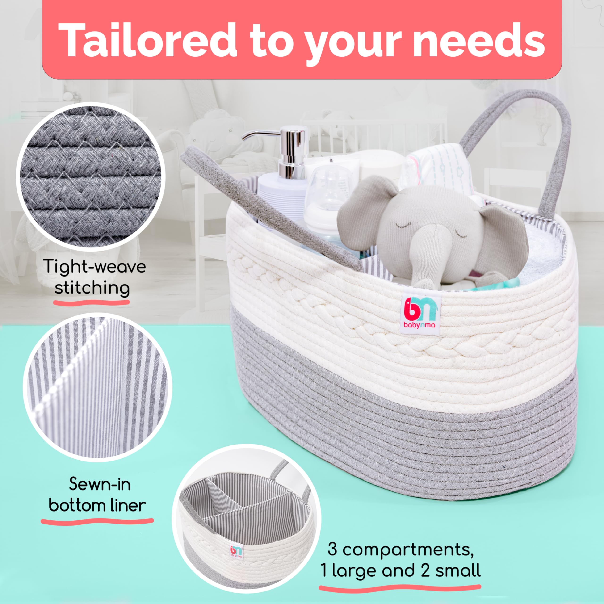 Babynma rope diaper caddy gray color complements modern nursery decor