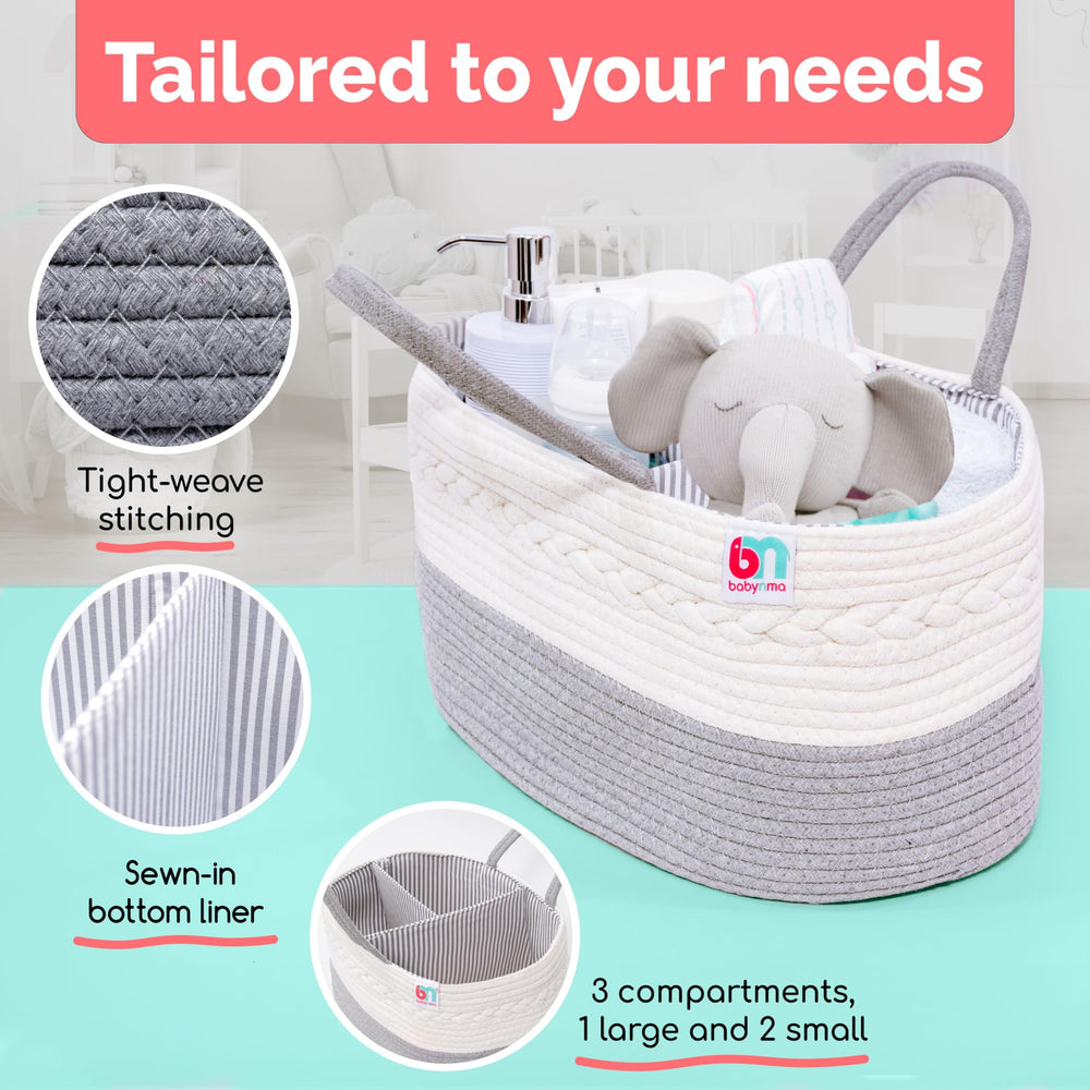 Babynma Rope Diaper Caddy in nursery setup demonstrates portable organization on the go
