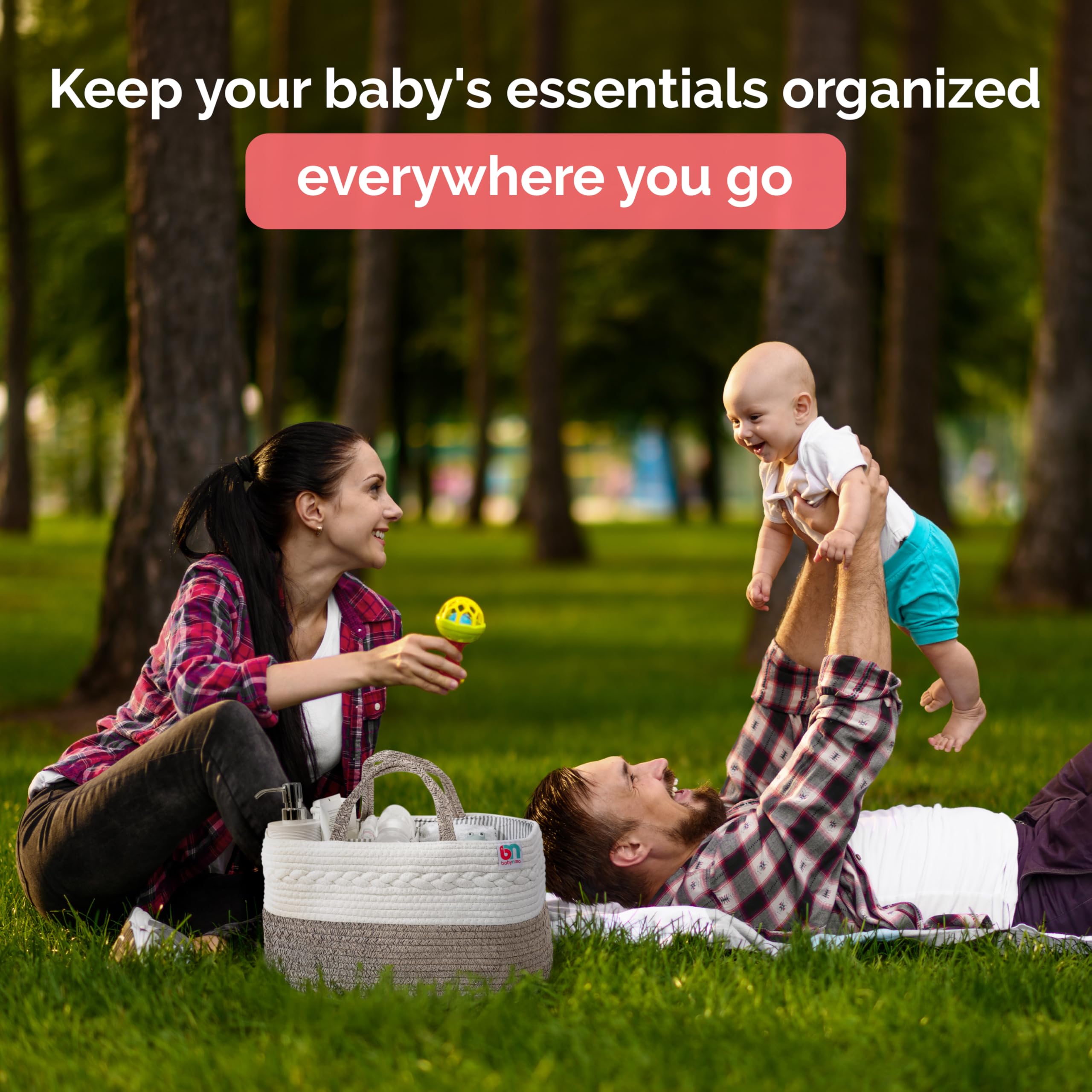 Babynma rope diaper caddy in nursery demonstrates portable organization