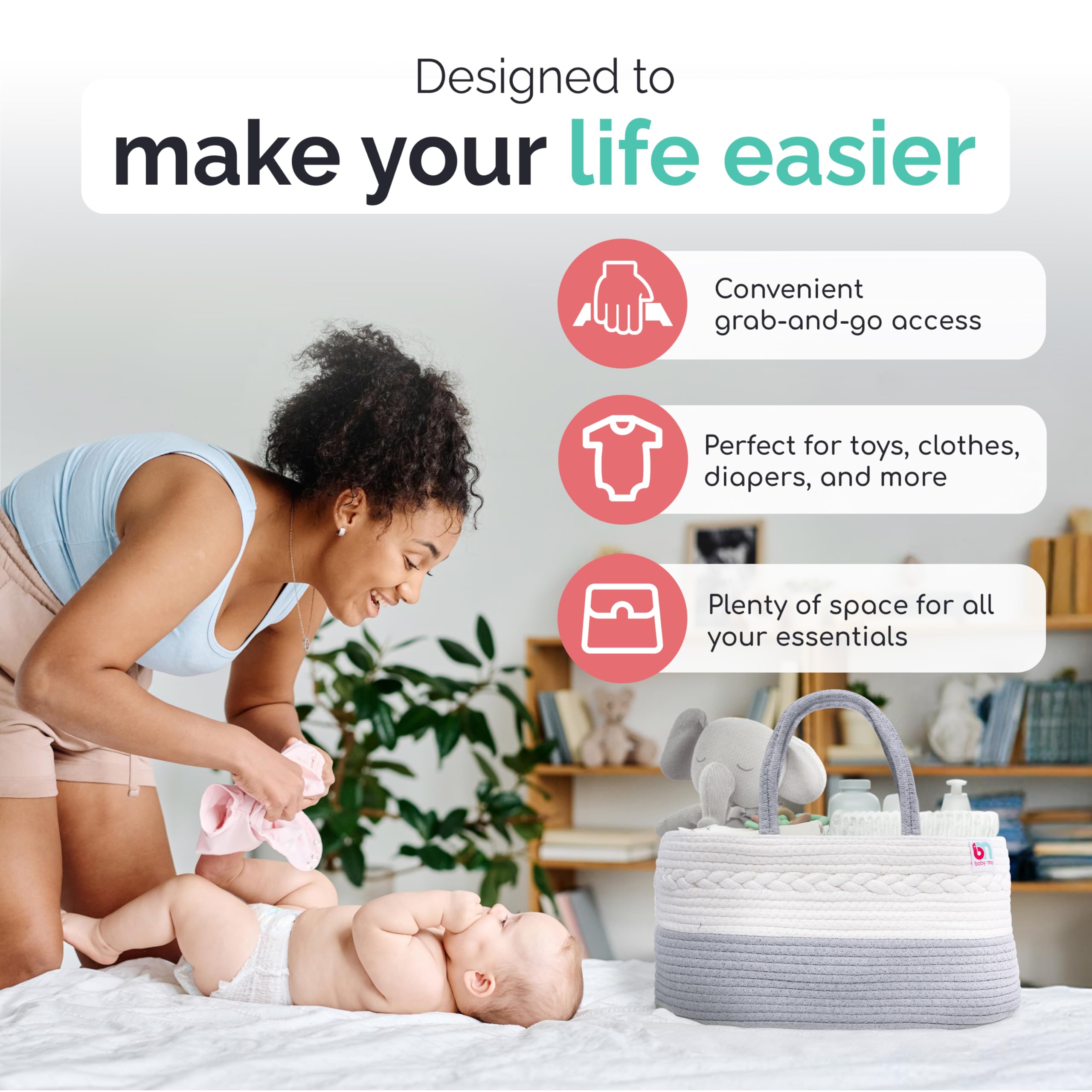 Babynma Rope Diaper Caddy sewn-in liner keeps contents secure and fabric tidy