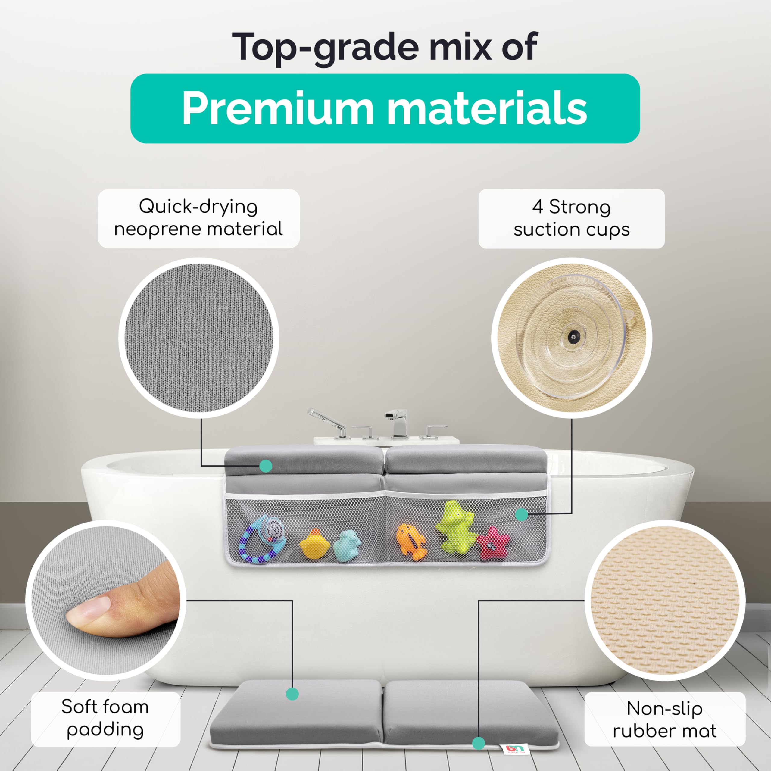 Babynma suction cups provide strong hold during lively bath sessions.